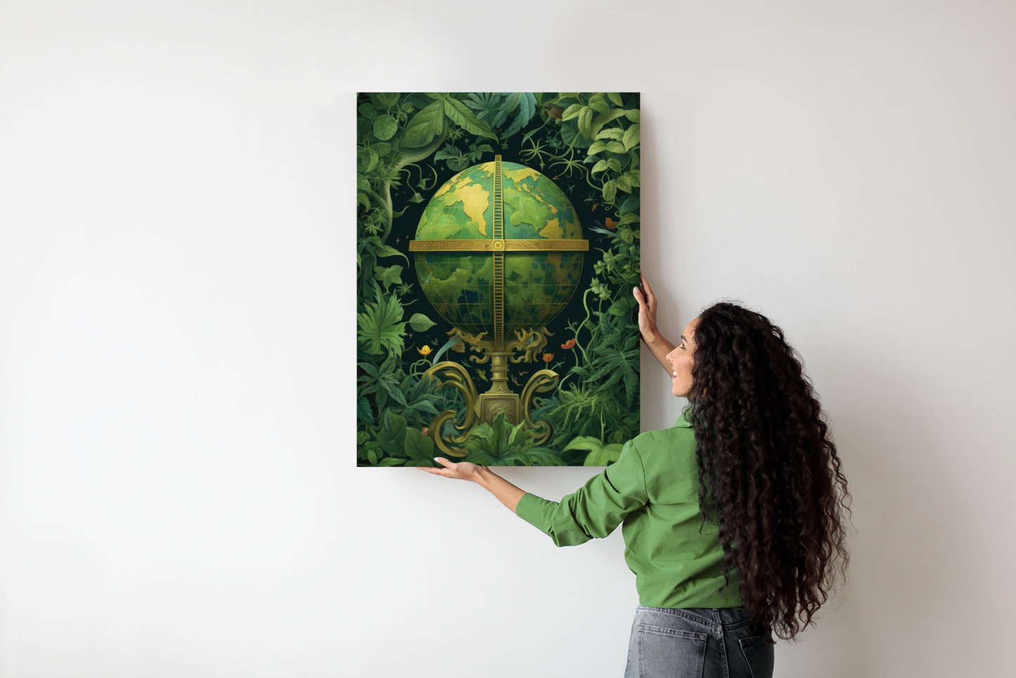 Poster Globus Mit Grünen Blättern Als Symbol Der Natur Rahmen Hölzern Farbe Weiß
