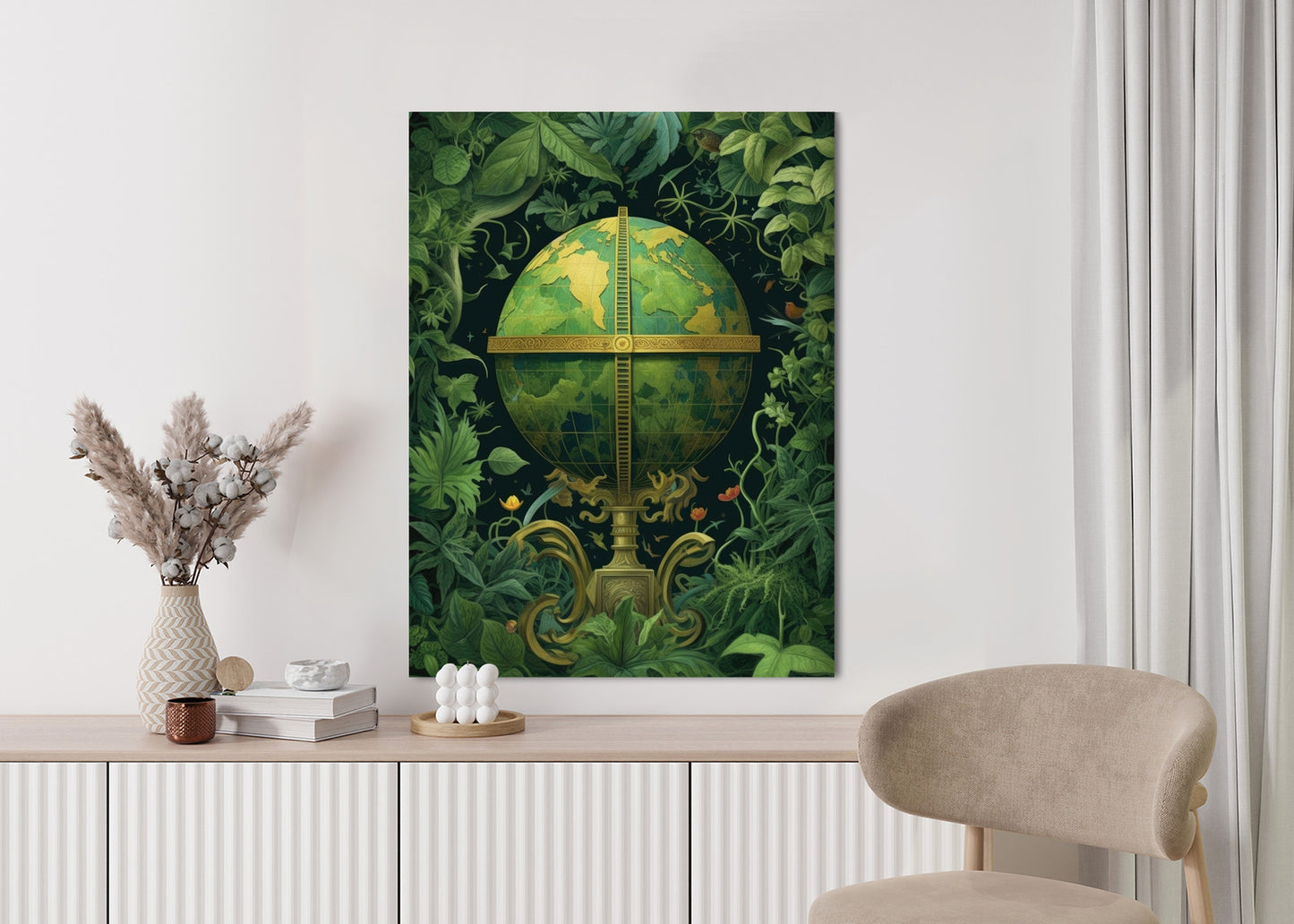 Poster Globus Mit Grünen Blättern Als Symbol Der Natur Rahmen Hölzern Farbe Weiß