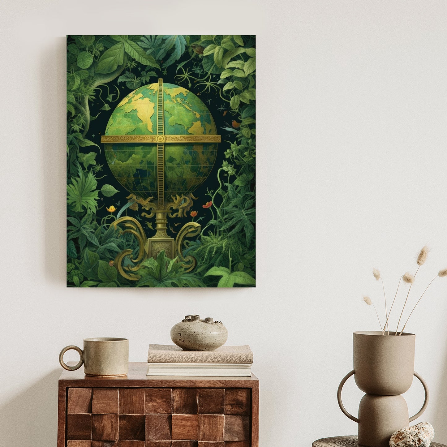 Poster Globus Mit Grünen Blättern Als Symbol Der Natur Rahmen Hölzern Farbe Weiß