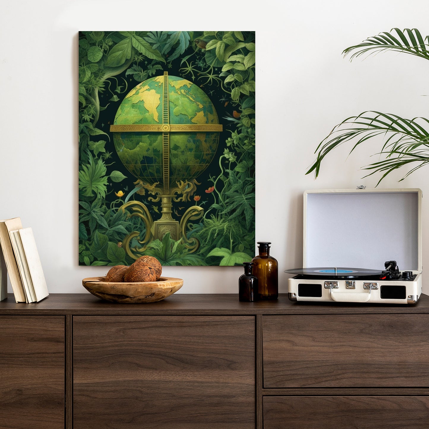 Poster Globus Mit Grünen Blättern Als Symbol Der Natur Rahmen Hölzern Farbe Weiß