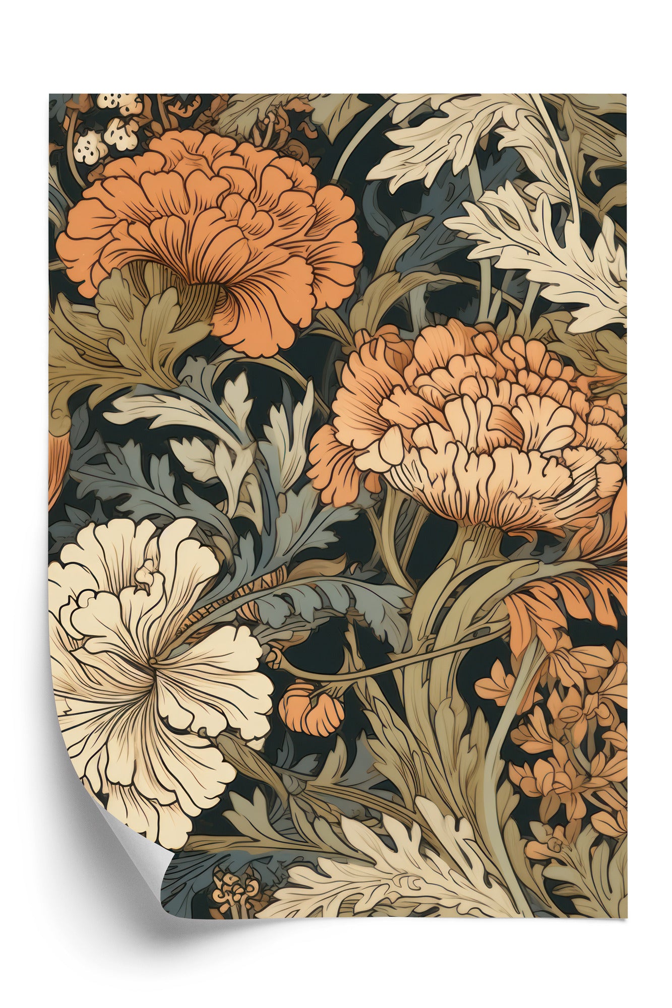 Poster Retro-Vintage-Blumen Und Blätter Rahmen Holz Mit Passepartout Farbe Natürlich