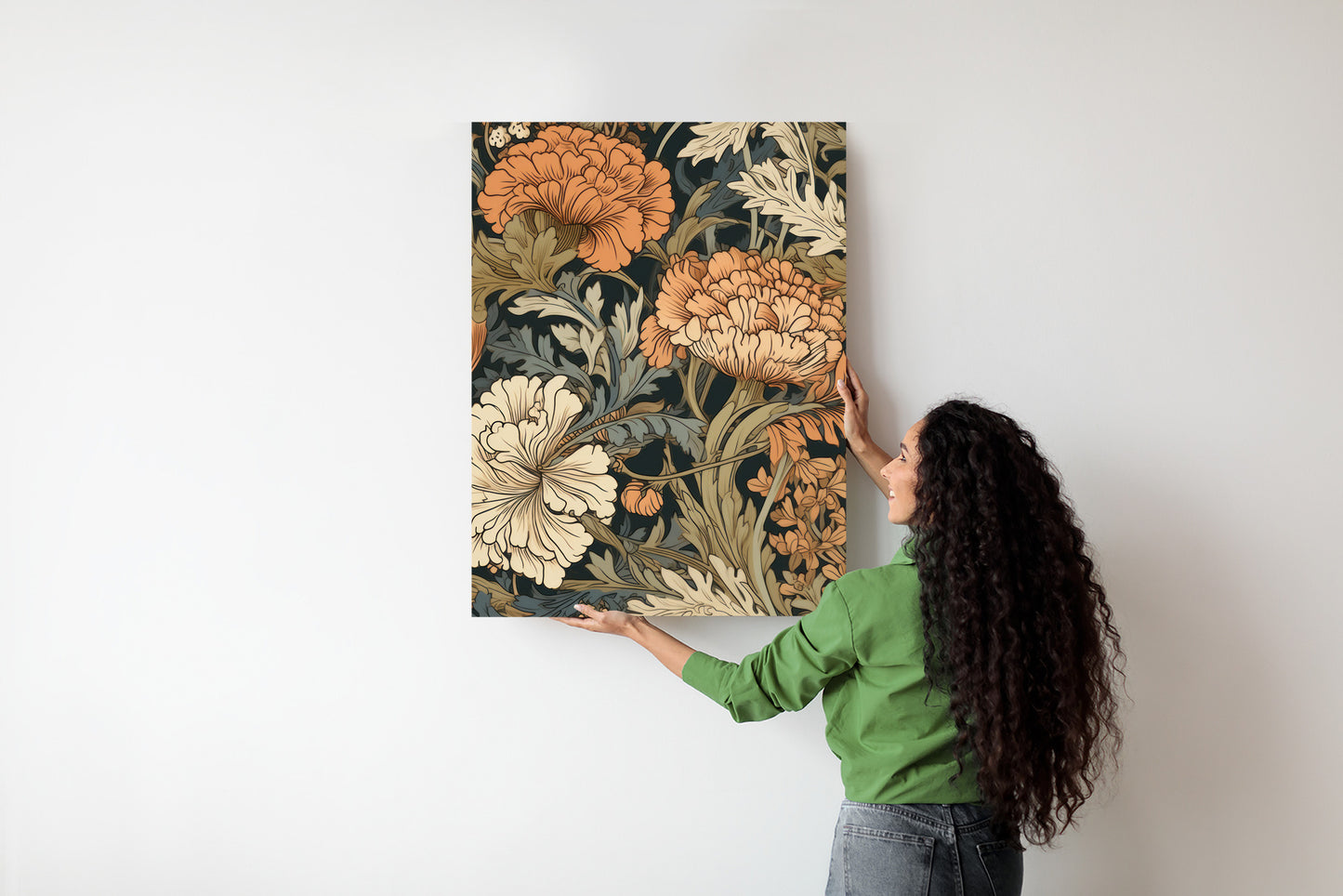 Poster Retro-Vintage-Blumen Und Blätter Rahmen Holz Mit Passepartout Farbe Natürlich