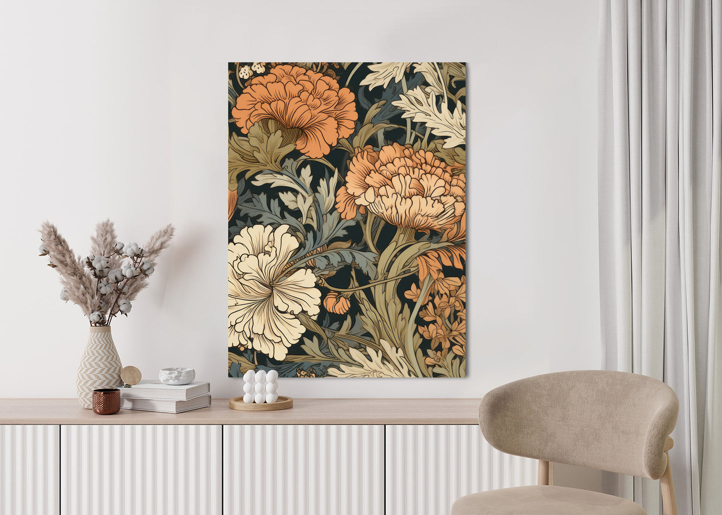Poster Retro-Vintage-Blumen Und Blätter Rahmen Holz Mit Passepartout Farbe Natürlich