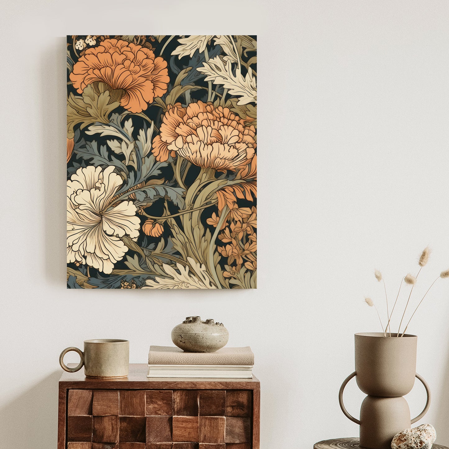 Poster Retro-Vintage-Blumen Und Blätter Rahmen Holz Mit Passepartout Farbe Natürlich