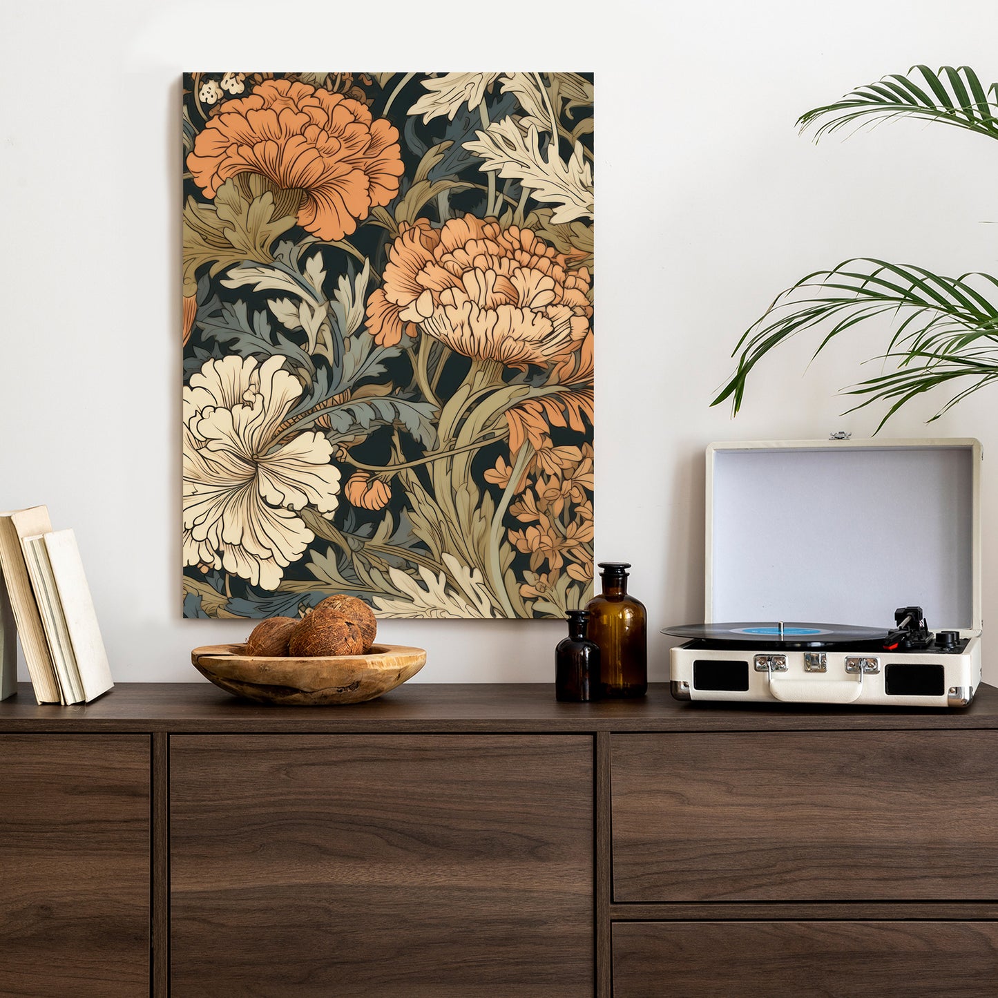 Poster Retro-Vintage-Blumen Und Blätter Rahmen Holz Mit Passepartout Farbe Natürlich