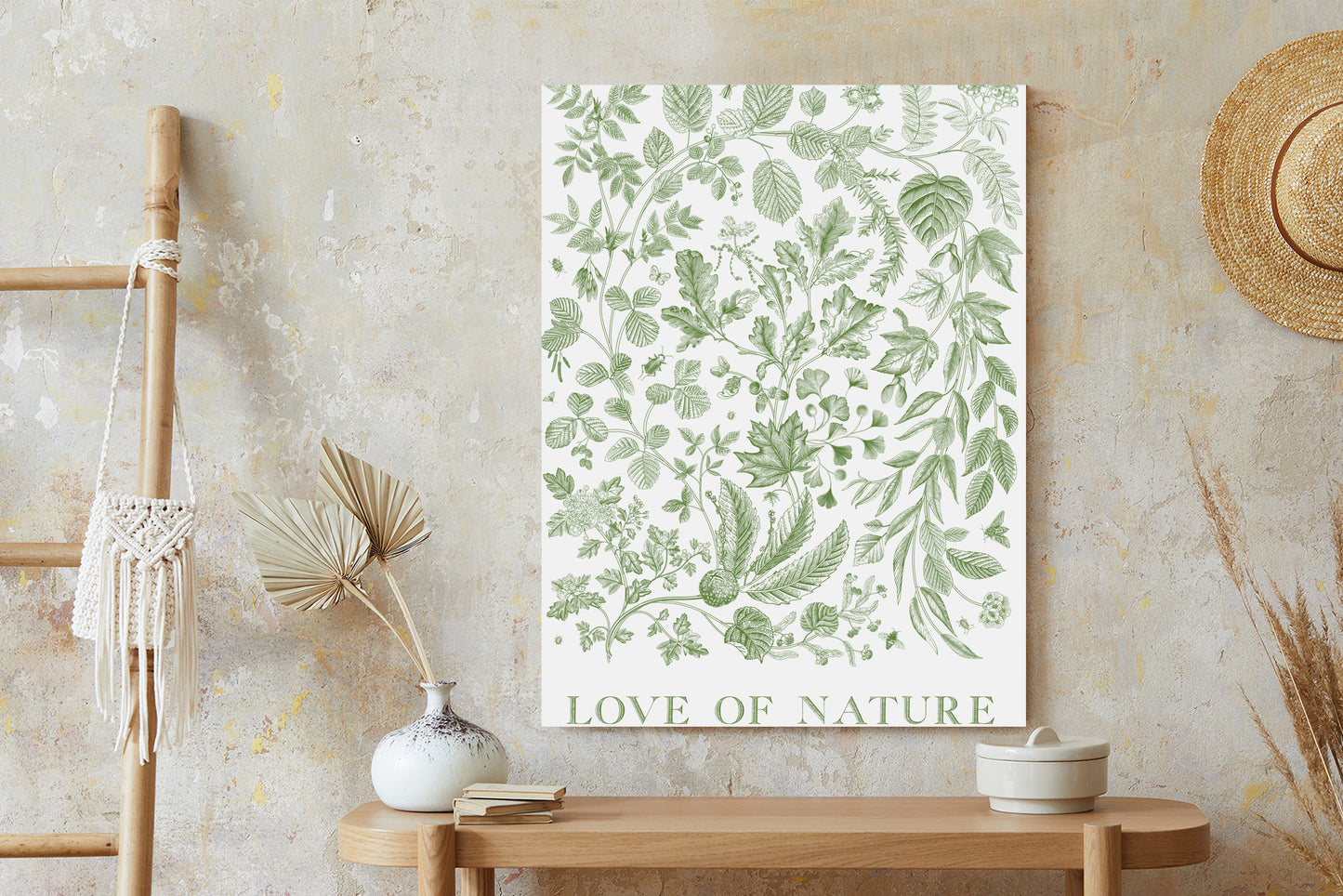 Poster Gezeichnete Naturblätter In Grünen Farben Rahmen Holz Mit Passepartout Farbe Natürlich