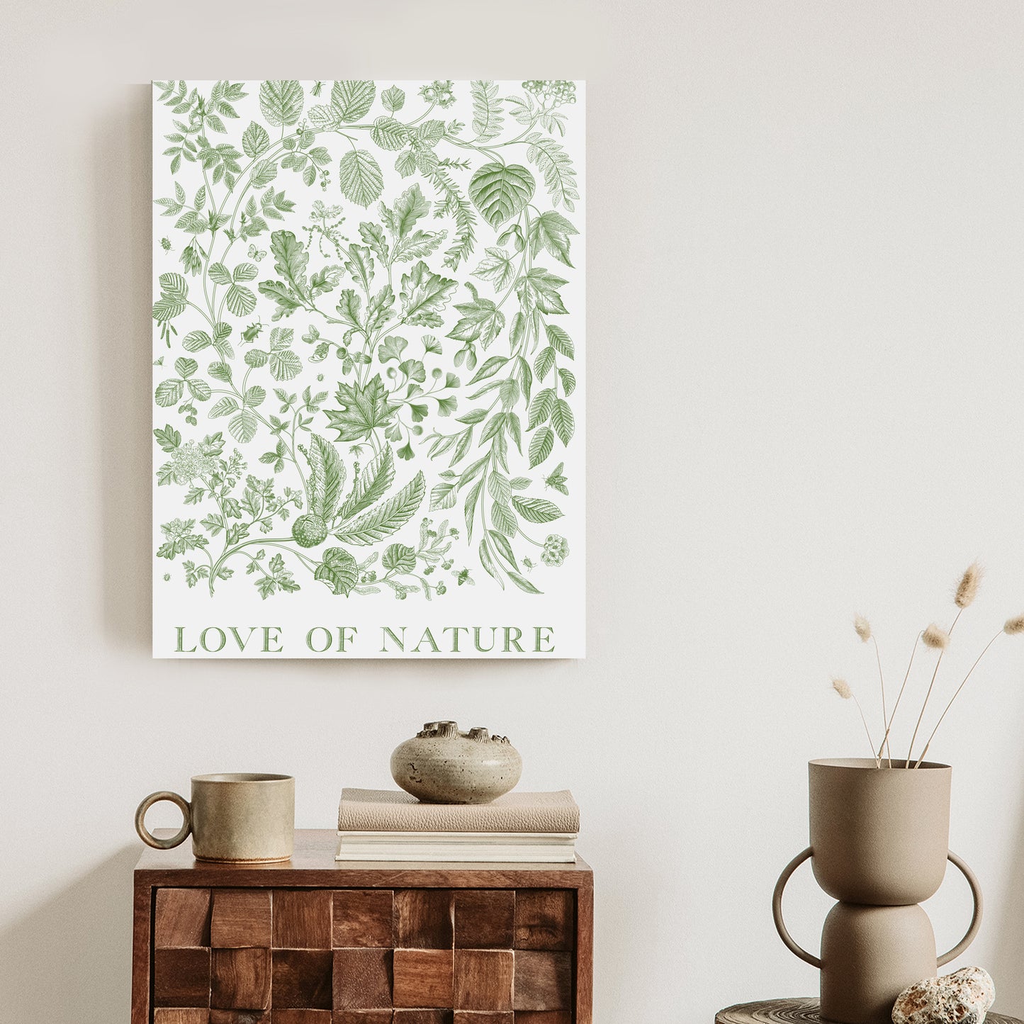 Poster Gezeichnete Naturblätter In Grünen Farben Rahmen Holz Mit Passepartout Farbe Natürlich