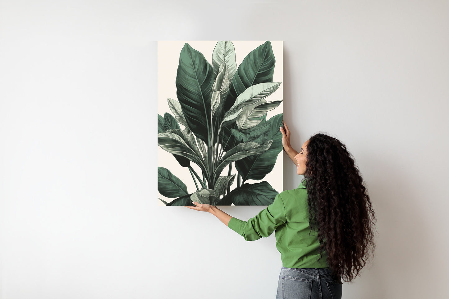 Poster Grüne Philodendronpflanze Rahmen Holz Mit Passepartout Farbe Natürlich