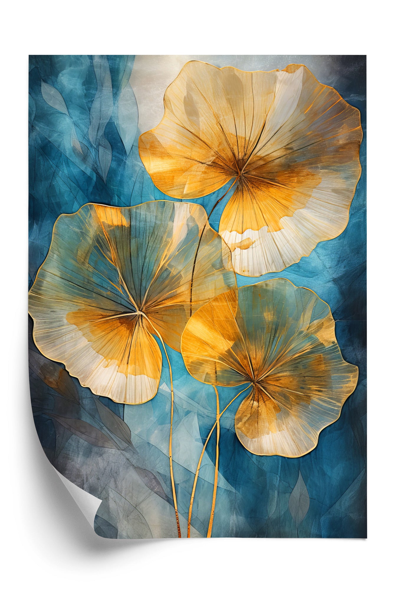 Poster Abstrakte Goldene Blätter Auf Blauem Hintergrund Rahmen Holz Mit Passepartout Farbe Natürlich