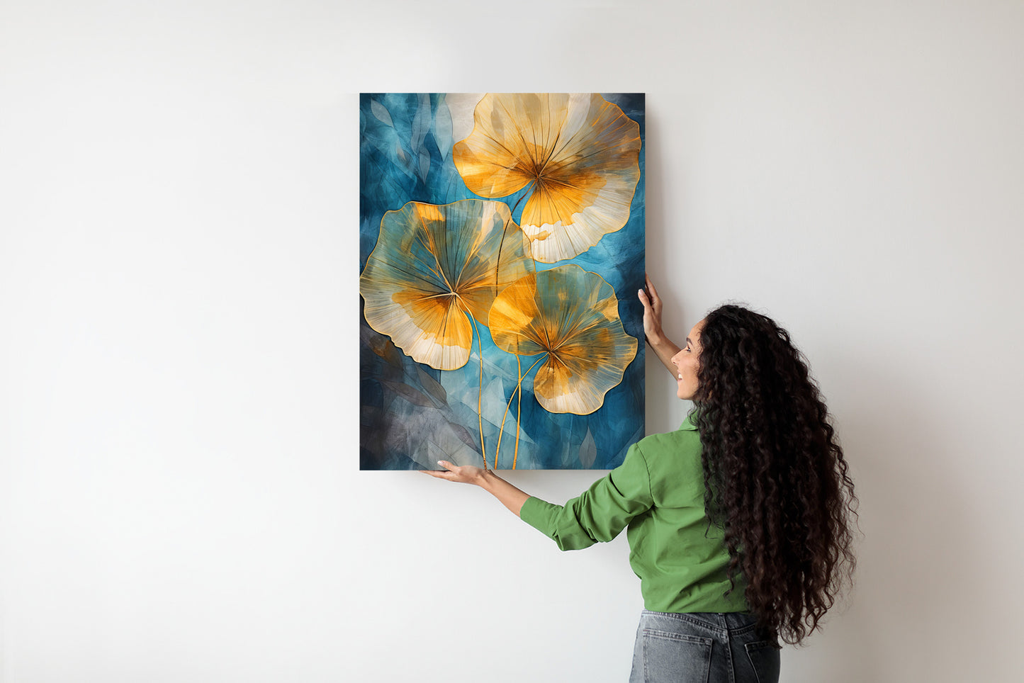 Poster Abstrakte Goldene Blätter Auf Blauem Hintergrund Rahmen Holz Mit Passepartout Farbe Natürlich