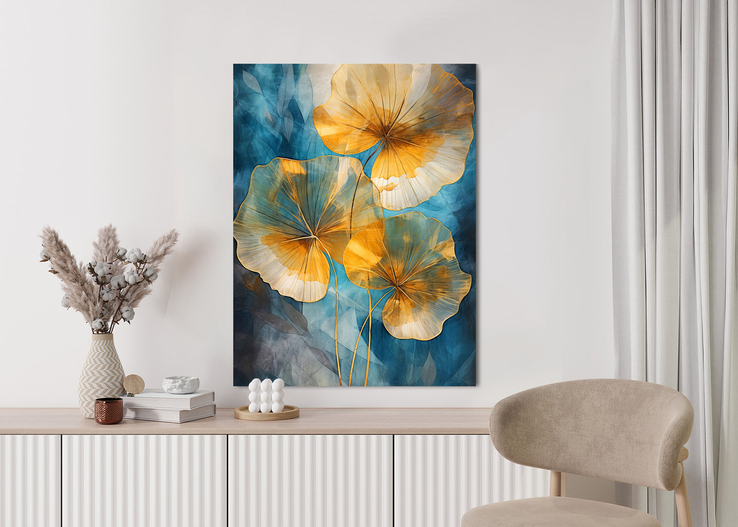 Poster Abstrakte Goldene Blätter Auf Blauem Hintergrund Rahmen Holz Mit Passepartout Farbe Natürlich