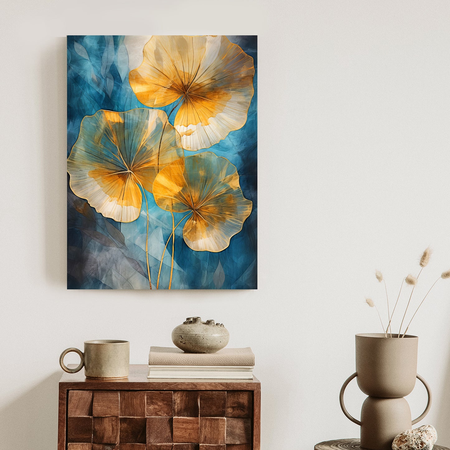 Poster Abstrakte Goldene Blätter Auf Blauem Hintergrund Rahmen Holz Mit Passepartout Farbe Natürlich