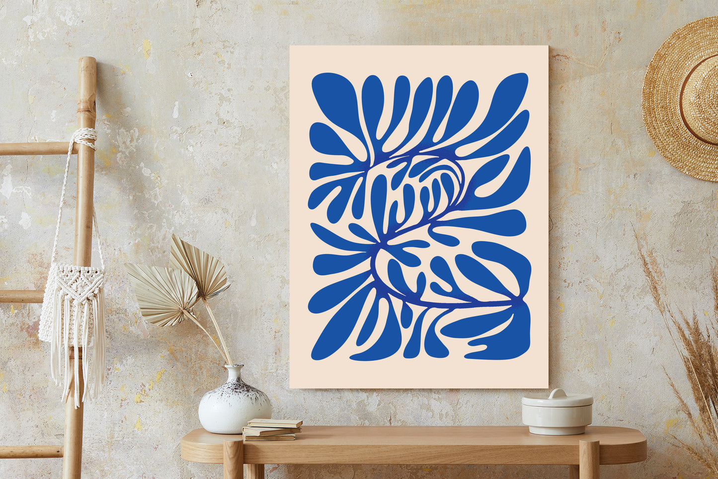 Poster Minimalistisches Blaues Pflanzenmuster Rahmen Holz Mit Passepartout Farbe Natürlich