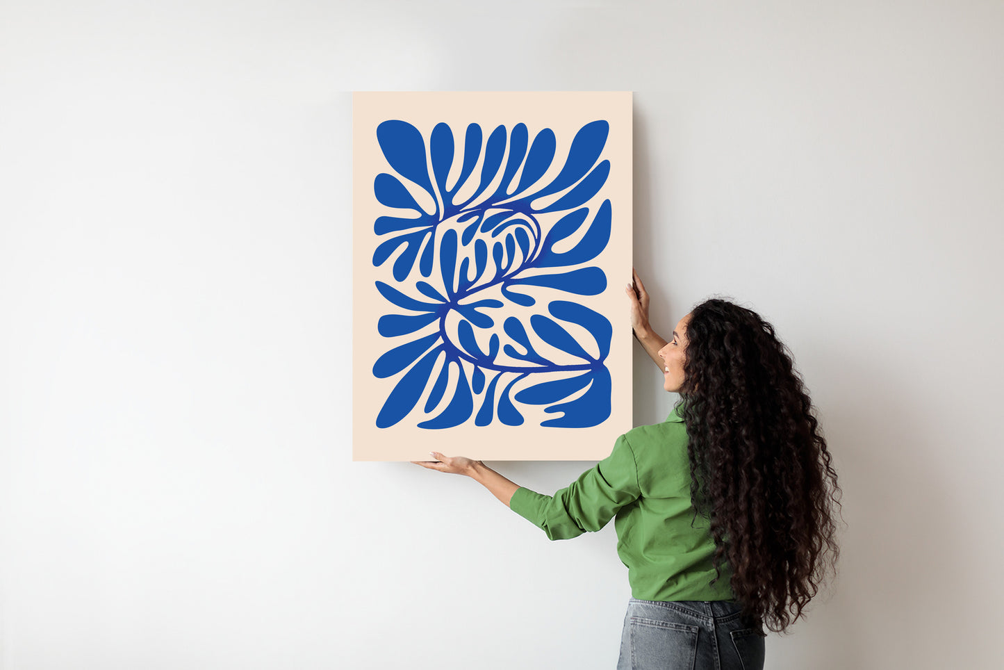 Poster Minimalistisches Blaues Pflanzenmuster Rahmen Holz Mit Passepartout Farbe Natürlich