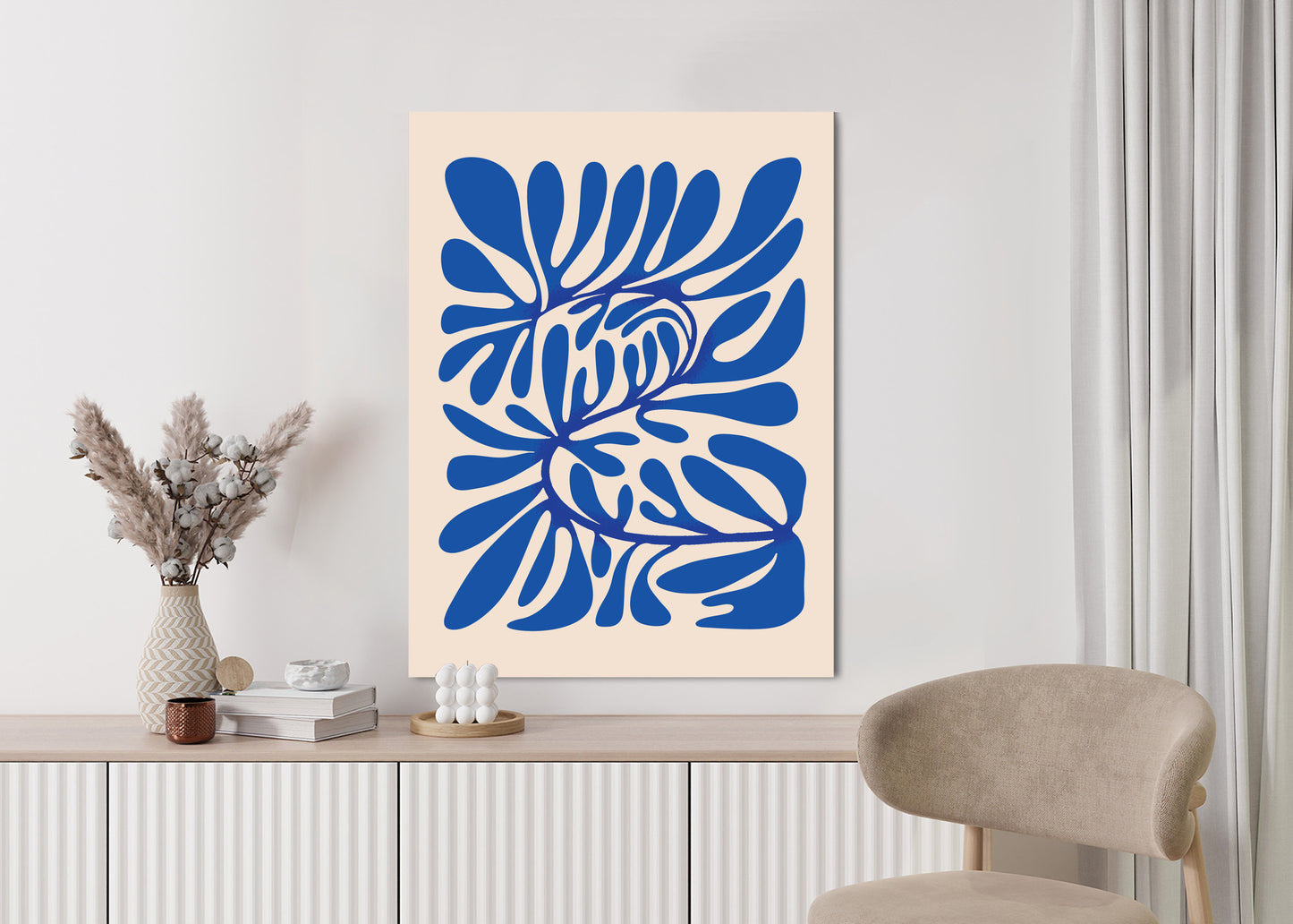 Poster Minimalistisches Blaues Pflanzenmuster Rahmen Holz Mit Passepartout Farbe Natürlich