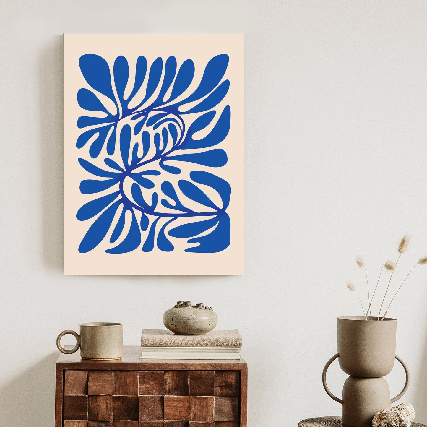 Poster Minimalistisches Blaues Pflanzenmuster Rahmen Holz Mit Passepartout Farbe Natürlich