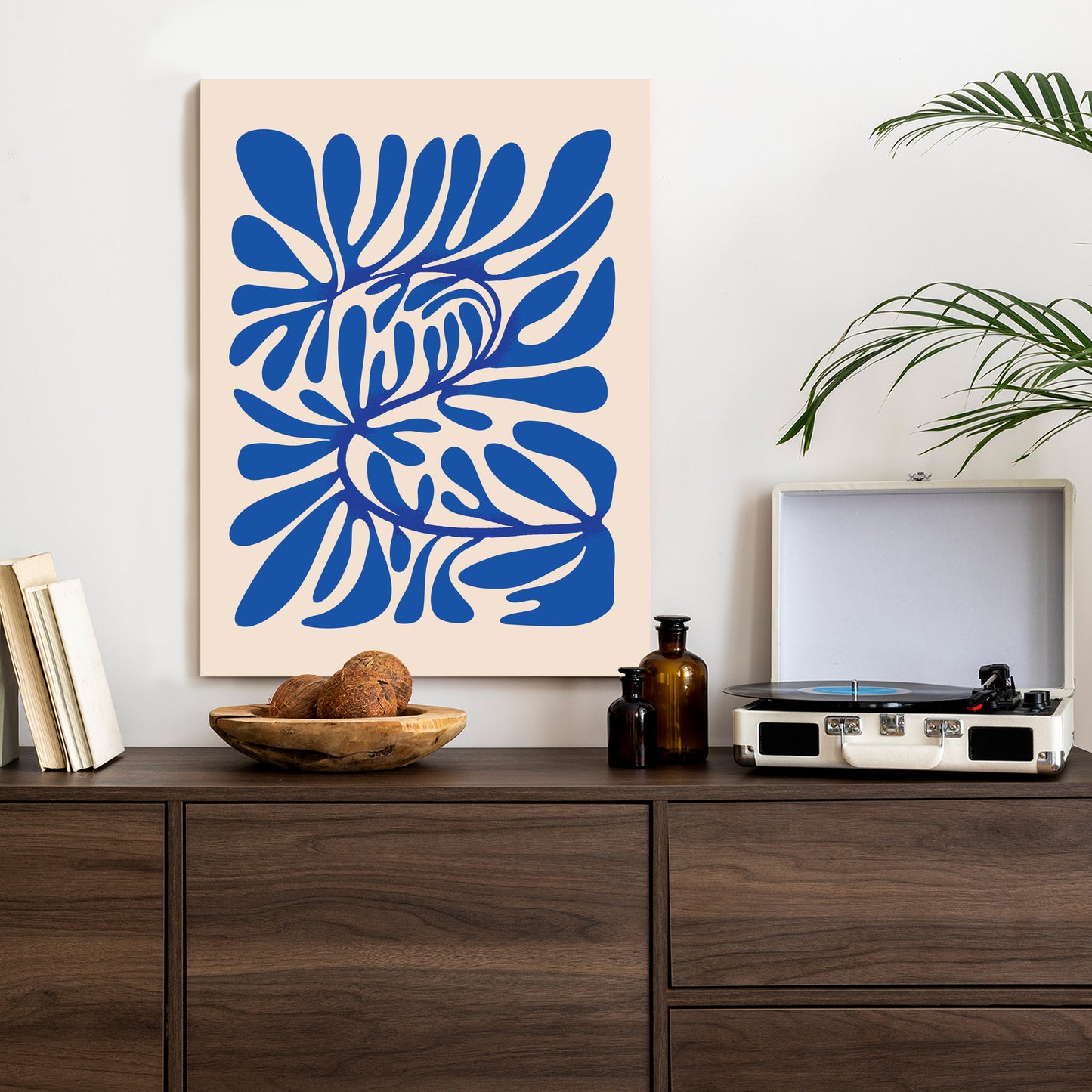 Poster Minimalistisches Blaues Pflanzenmuster Rahmen Holz Mit Passepartout Farbe Natürlich
