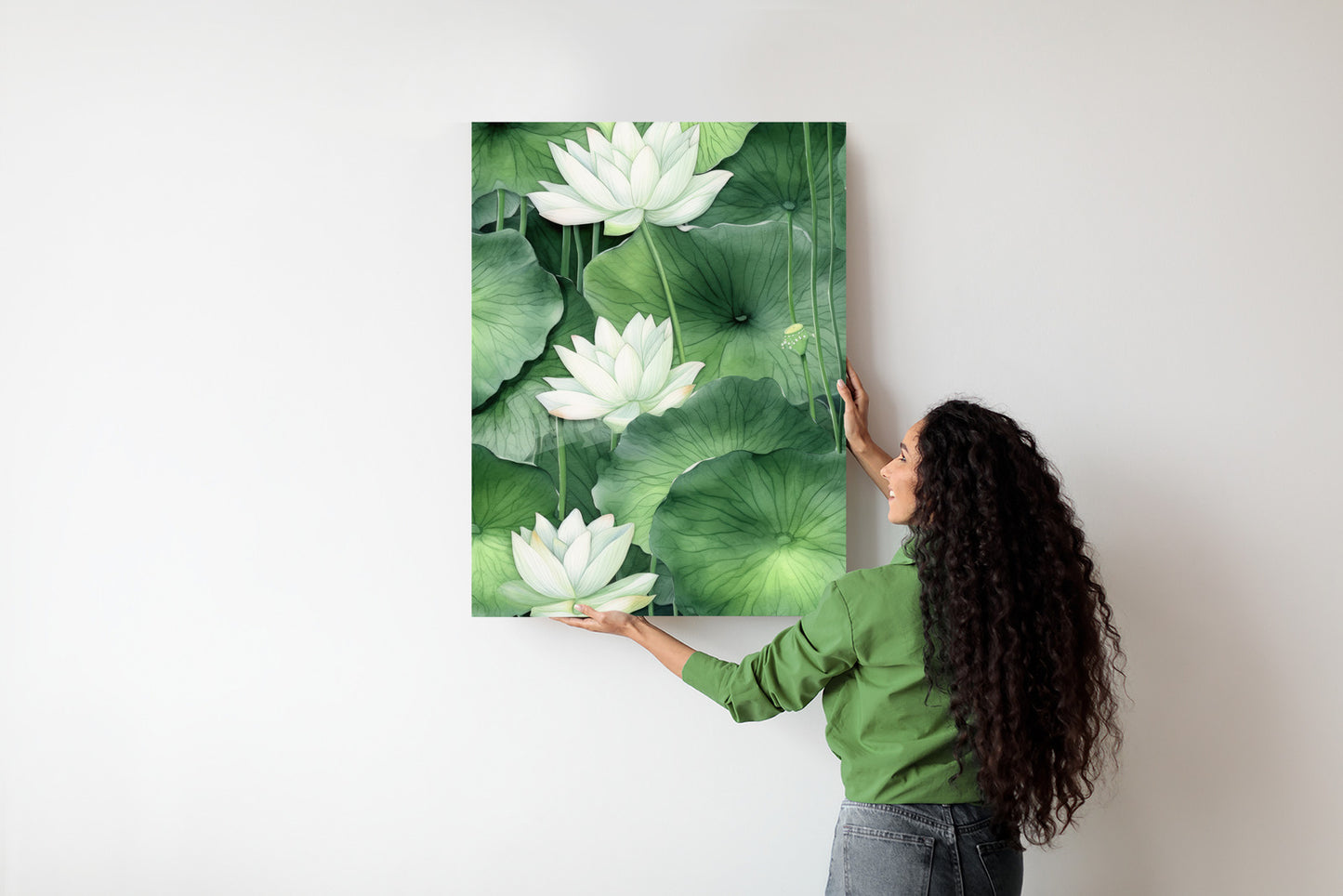 Poster Lotusblume Zwischen Grünen Blättern Rahmen Holz Mit Passepartout Farbe Natürlich