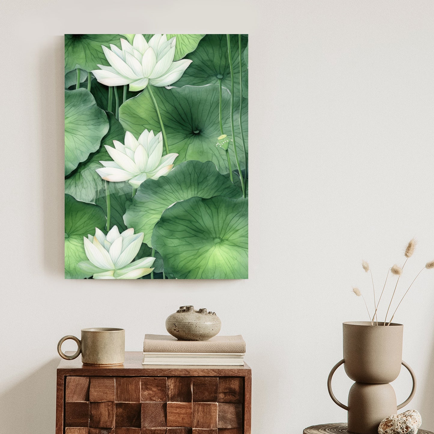 Poster Lotusblume Zwischen Grünen Blättern Rahmen Holz Mit Passepartout Farbe Natürlich