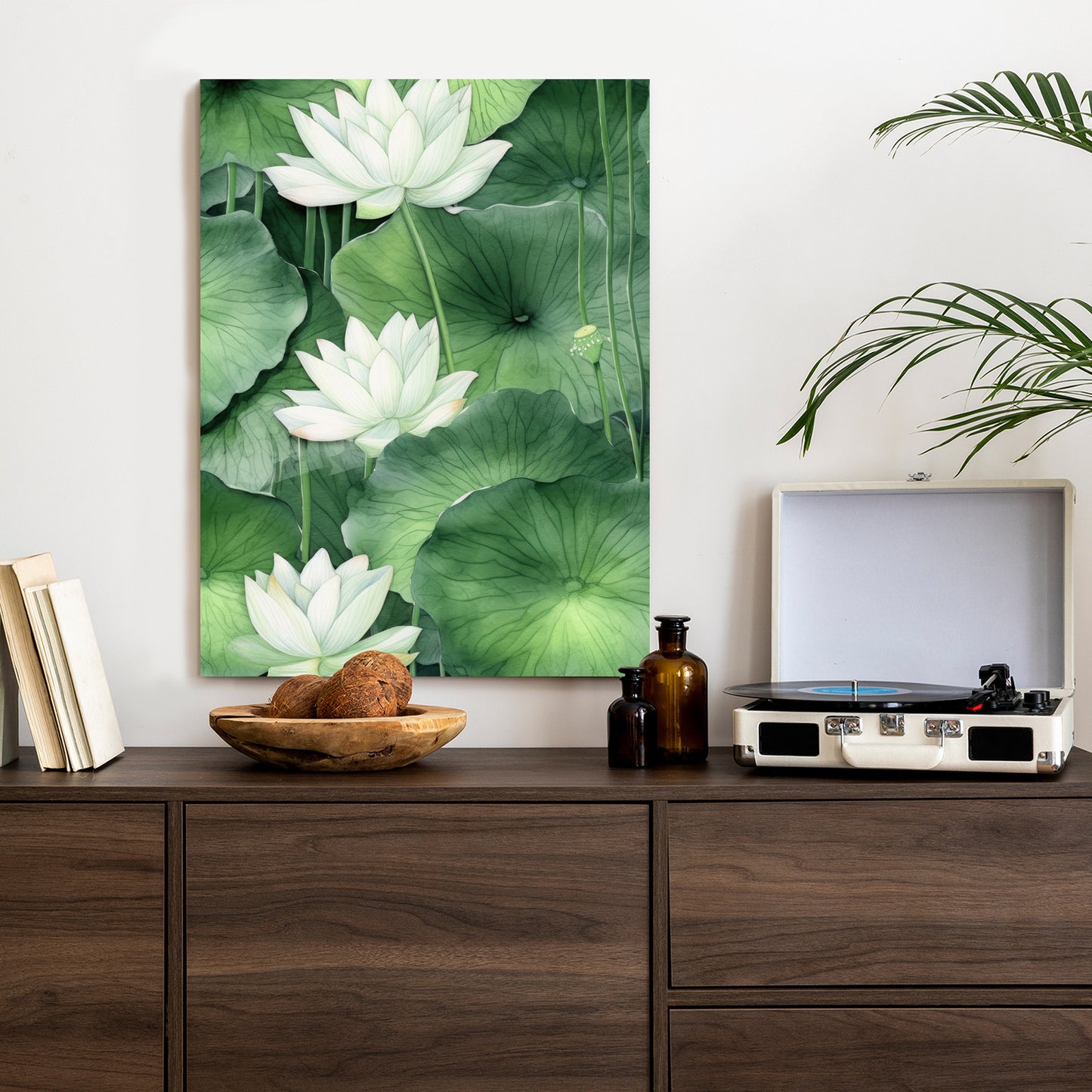 Poster Lotusblume Zwischen Grünen Blättern Rahmen Holz Mit Passepartout Farbe Natürlich