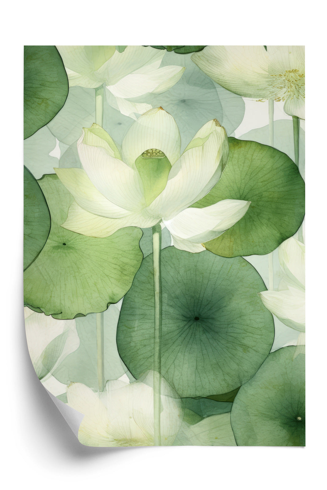 Poster Weiße Lotusblume Und Grüne Blätter Aquarell Rahmen Holz Mit Passepartout Farbe Natürlich