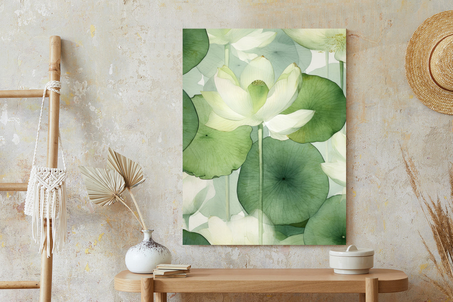Poster Weiße Lotusblume Und Grüne Blätter Aquarell Rahmen Holz Mit Passepartout Farbe Natürlich