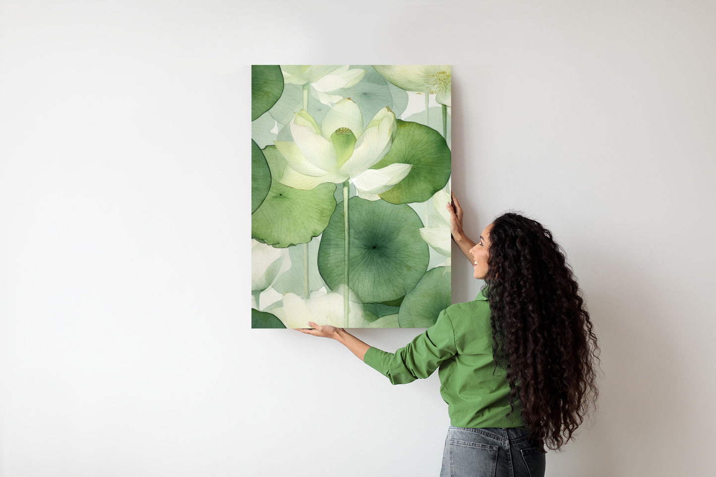 Poster Weiße Lotusblume Und Grüne Blätter Aquarell Rahmen Holz Mit Passepartout Farbe Natürlich