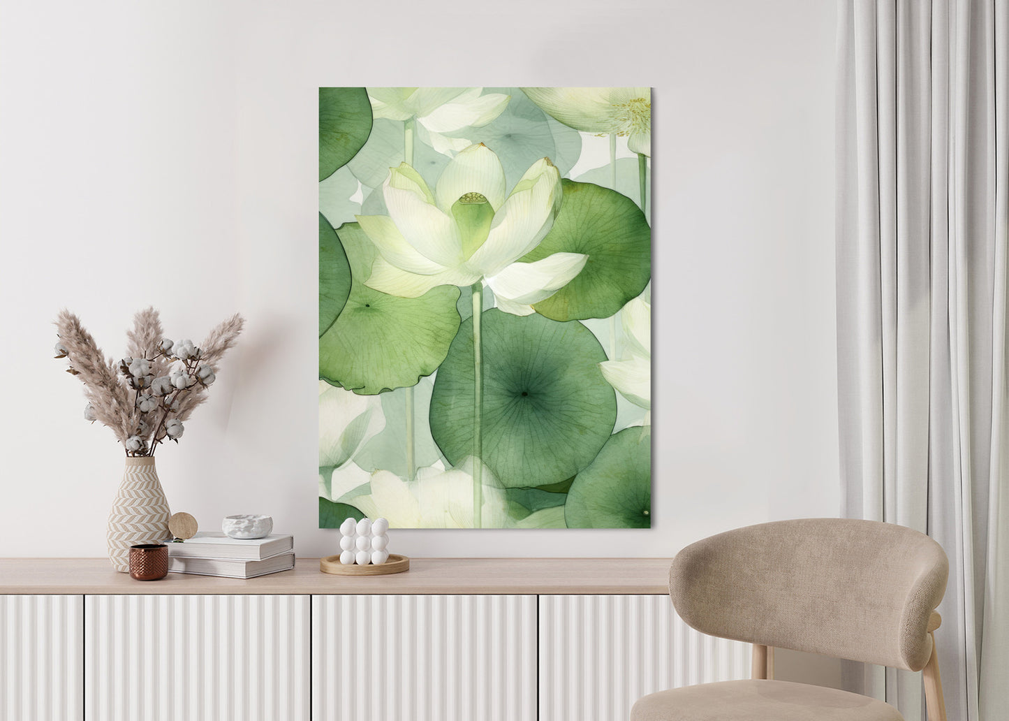Poster Weiße Lotusblume Und Grüne Blätter Aquarell Rahmen Holz Mit Passepartout Farbe Natürlich
