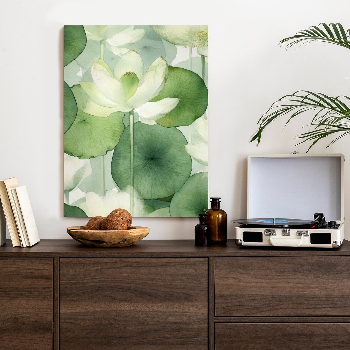Poster Weiße Lotusblume Und Grüne Blätter Aquarell Rahmen Holz Mit Passepartout Farbe Natürlich