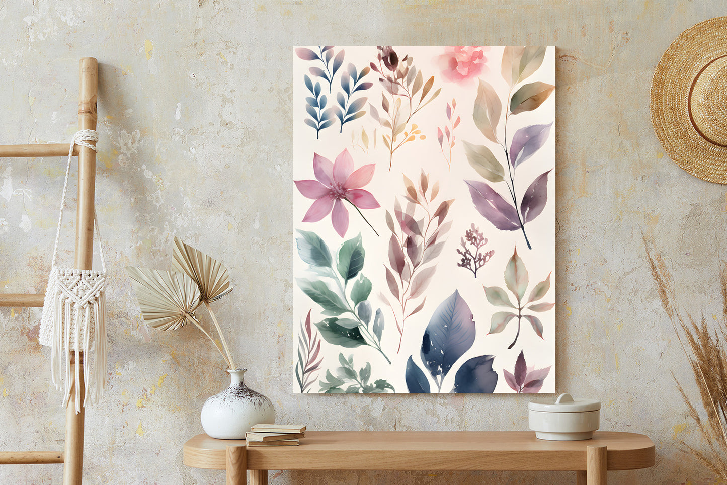 Poster Bunte Blätter Mit Aquarell Bemalt Rahmen Holz Mit Passepartout Farbe Natürlich