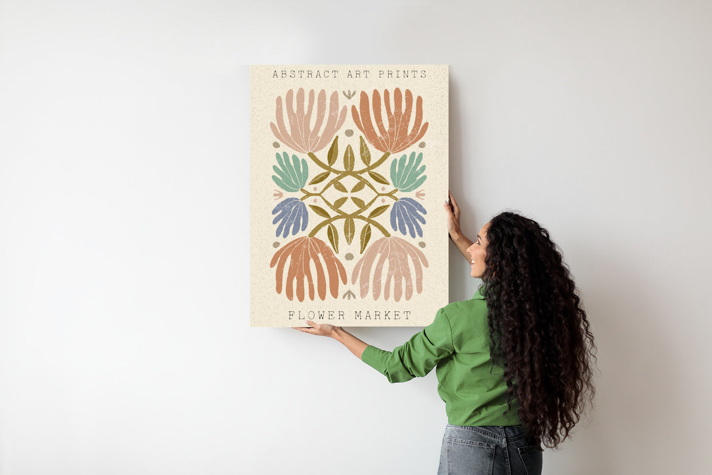 Poster Minimalistische Bunte Boho-Blumen Rahmen Holz Mit Passepartout Farbe Natürlich