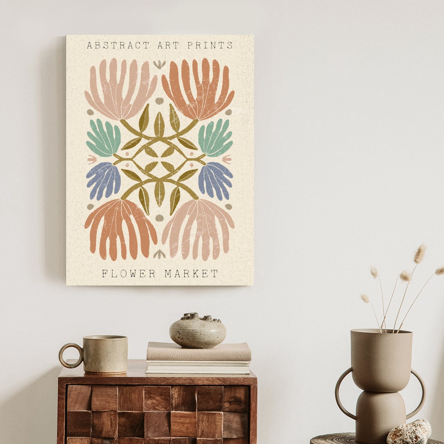 Poster Minimalistische Bunte Boho-Blumen Rahmen Holz Mit Passepartout Farbe Natürlich