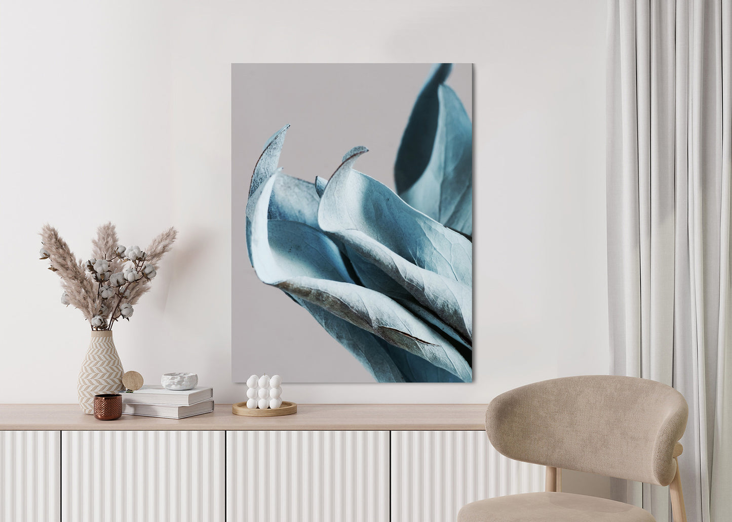 Poster Blaue Blätter Auf Grauem Hintergrund