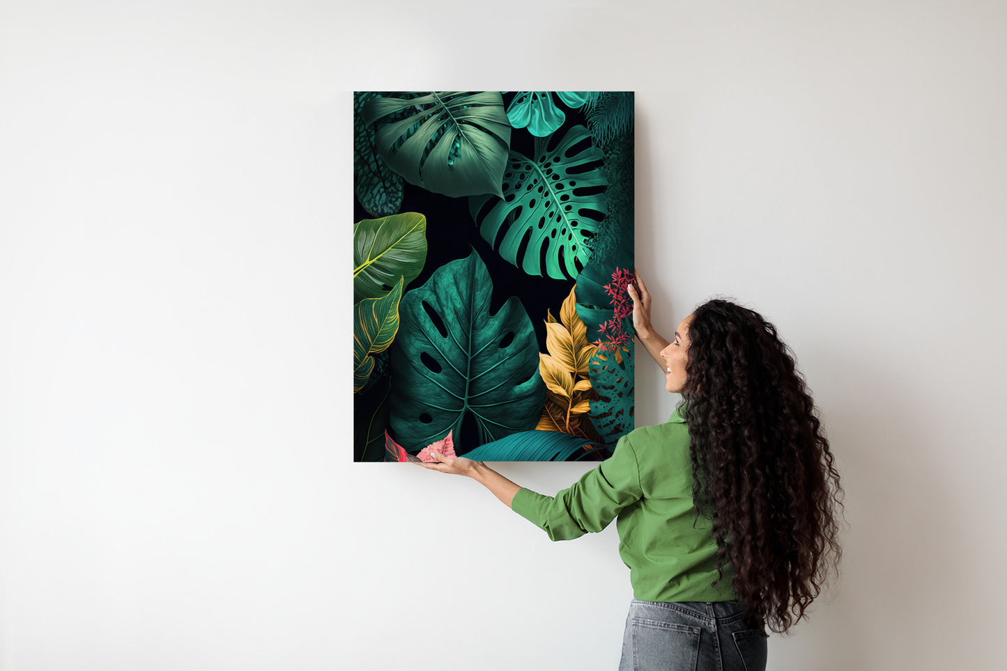 Poster Große Tropische Blätter Auf Schwarzem Hintergrund