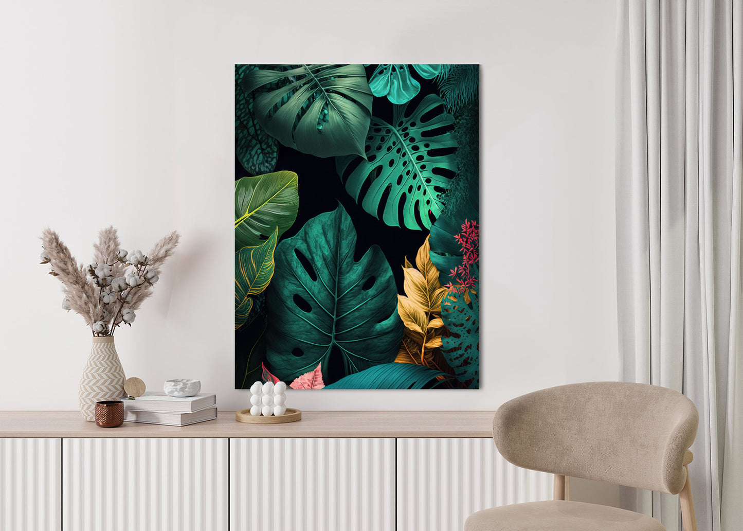 Poster Große Tropische Blätter Auf Schwarzem Hintergrund