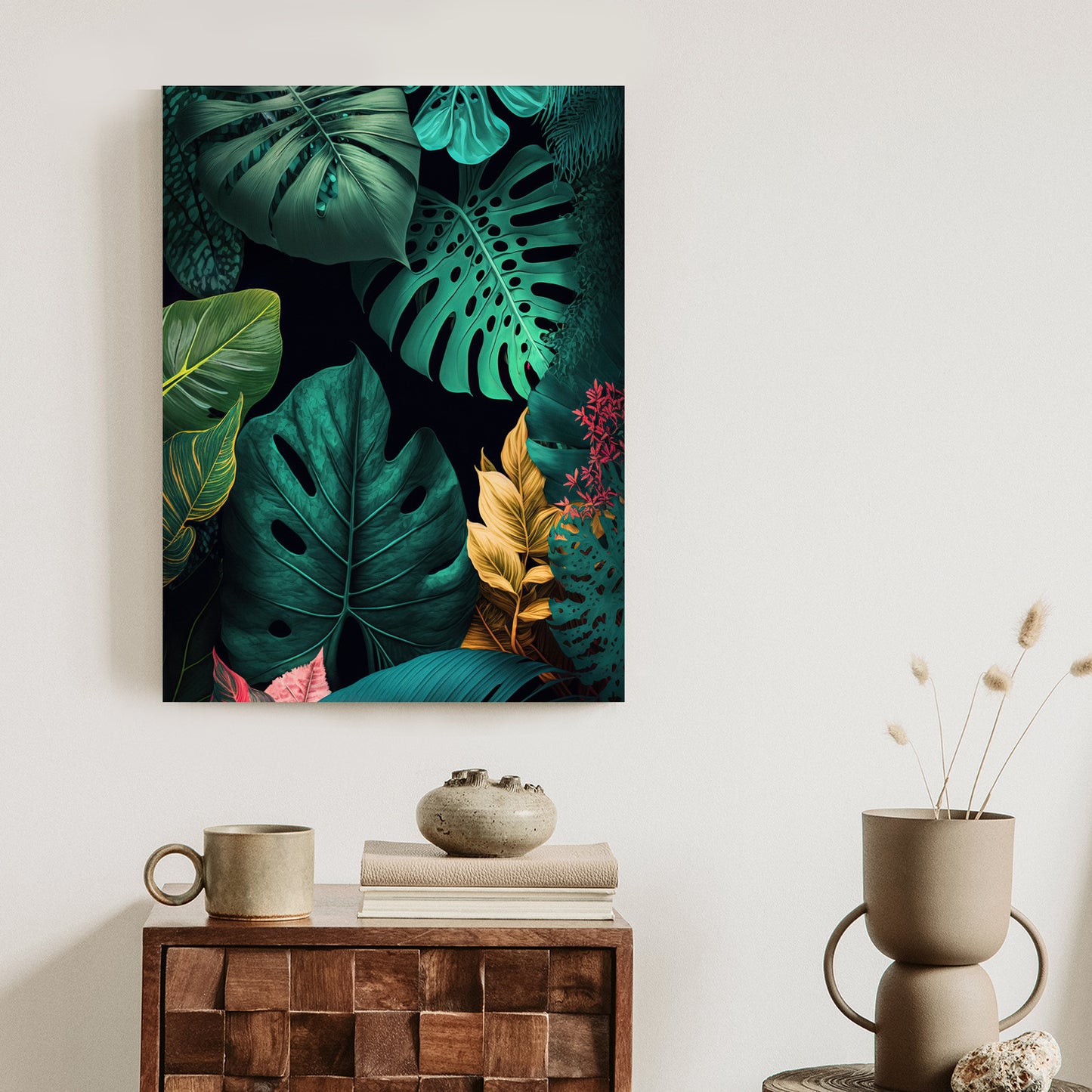 Poster Große Tropische Blätter Auf Schwarzem Hintergrund
