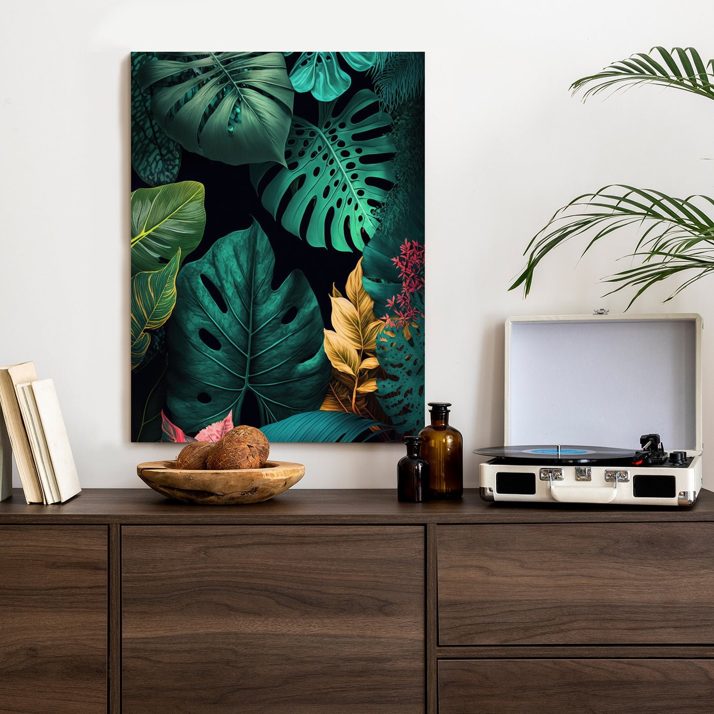 Poster Große Tropische Blätter Auf Schwarzem Hintergrund