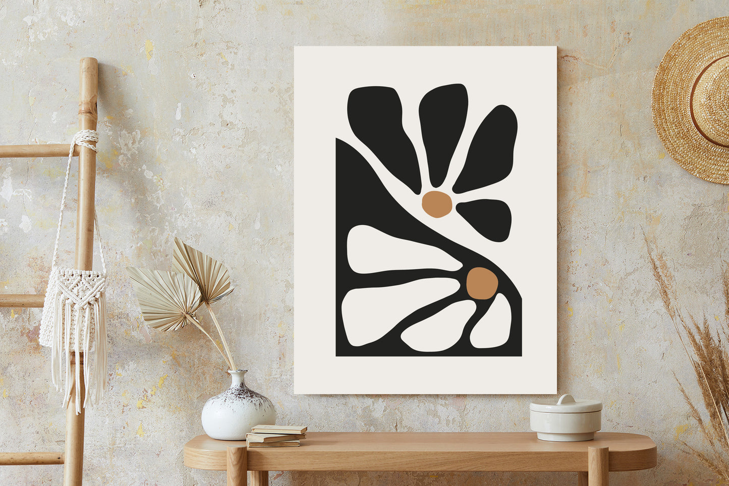 Poster Minimalistische Zweifarbige Blumen Rahmen Holz Mit Passepartout Farbe Natürlich