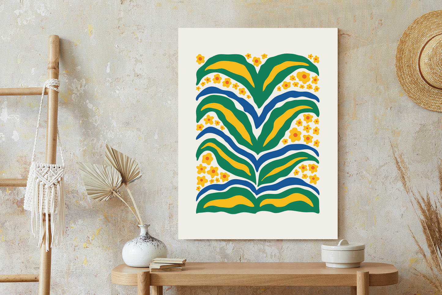 Poster Minimalistische Pflanze Mit Gelber Blumenabstraktion Rahmen Hölzern Farbe Weiß