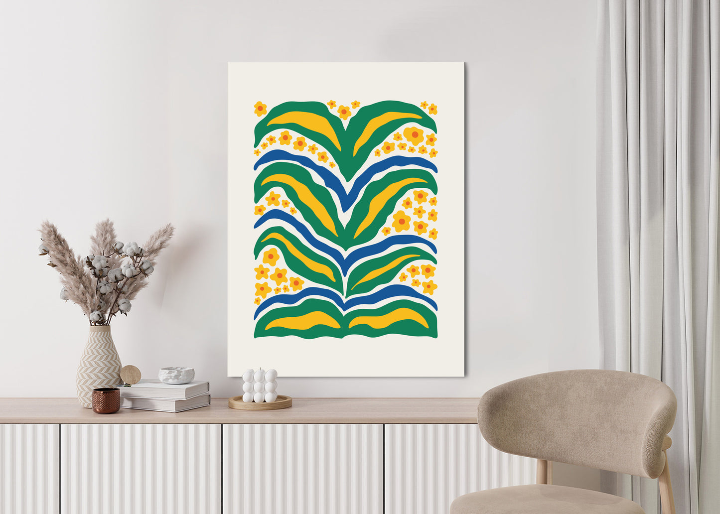 Poster Minimalistische Pflanze Mit Gelber Blumenabstraktion Rahmen Hölzern Farbe Weiß