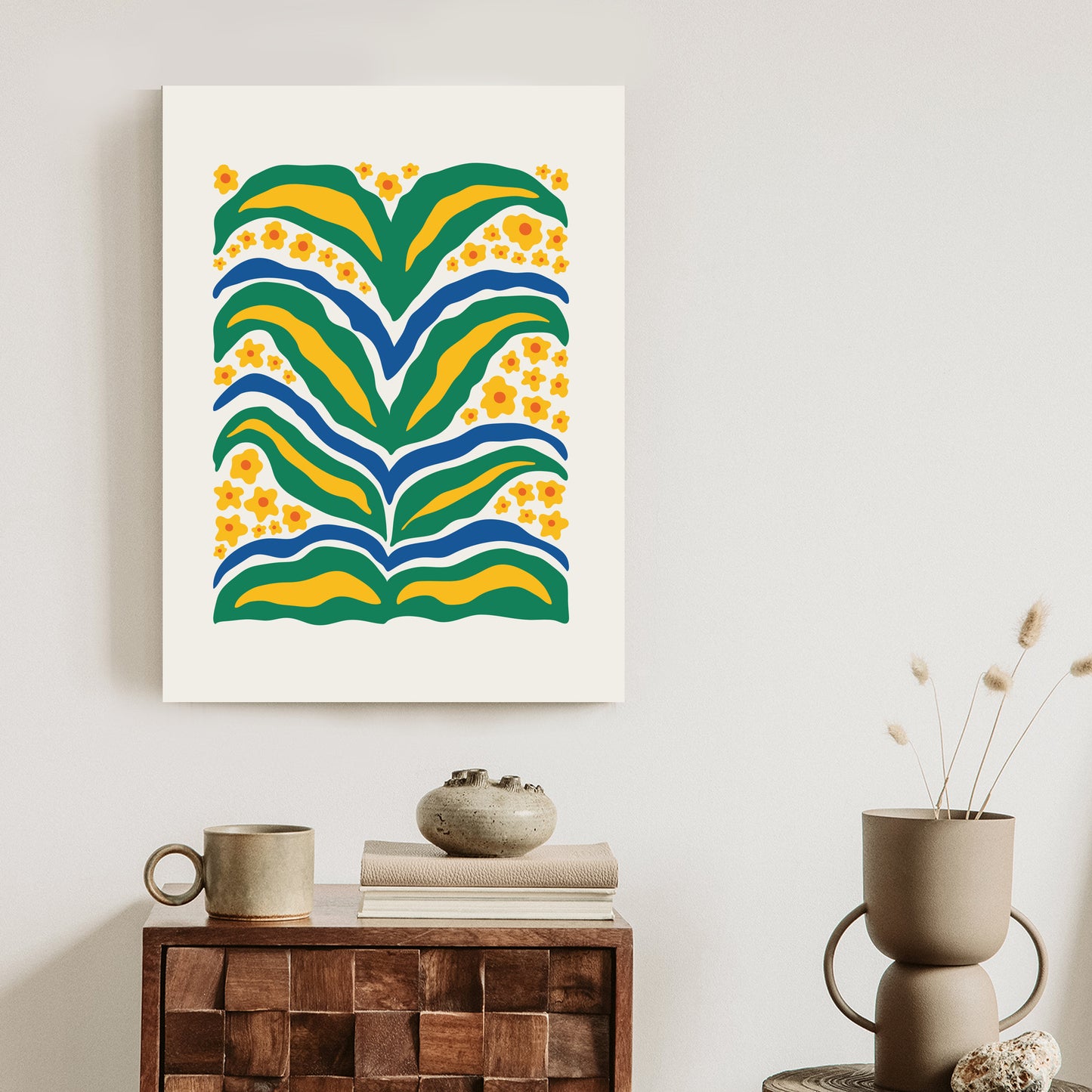 Poster Minimalistische Pflanze Mit Gelber Blumenabstraktion Rahmen Hölzern Farbe Weiß