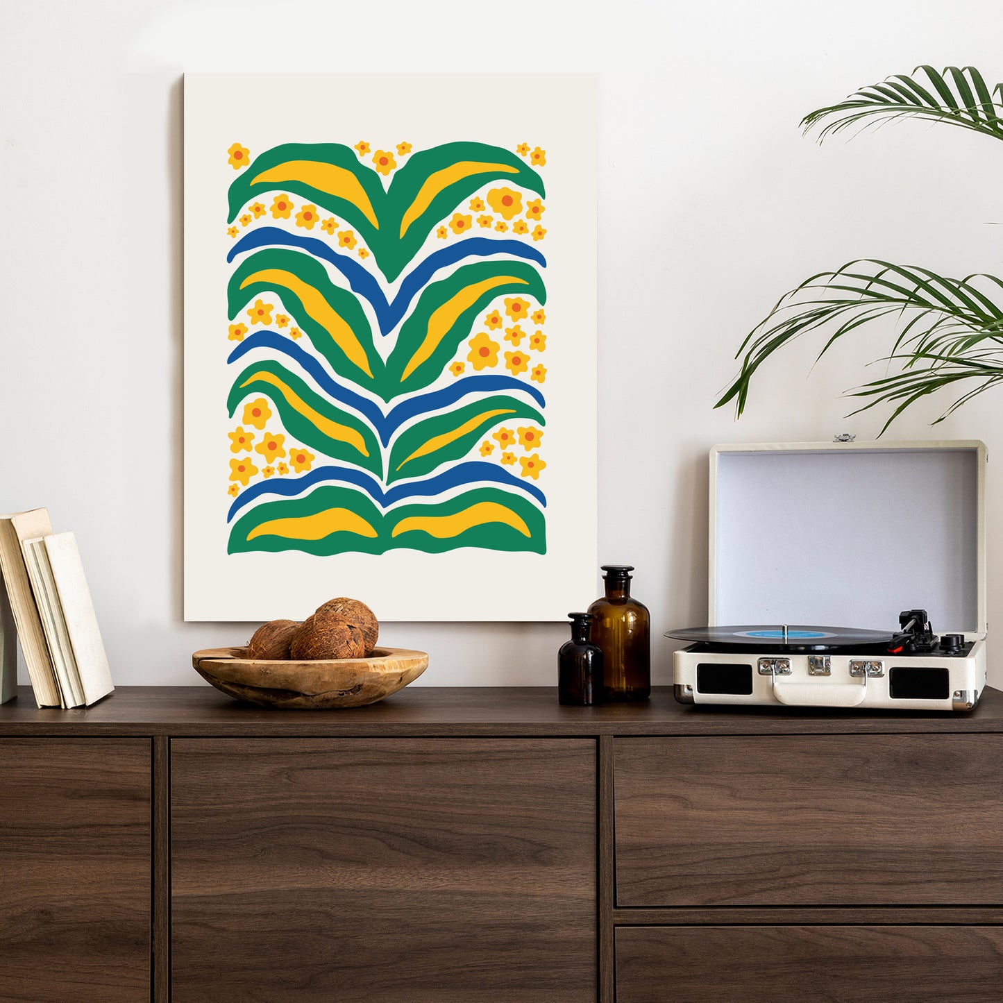 Poster Minimalistische Pflanze Mit Gelber Blumenabstraktion Rahmen Hölzern Farbe Weiß