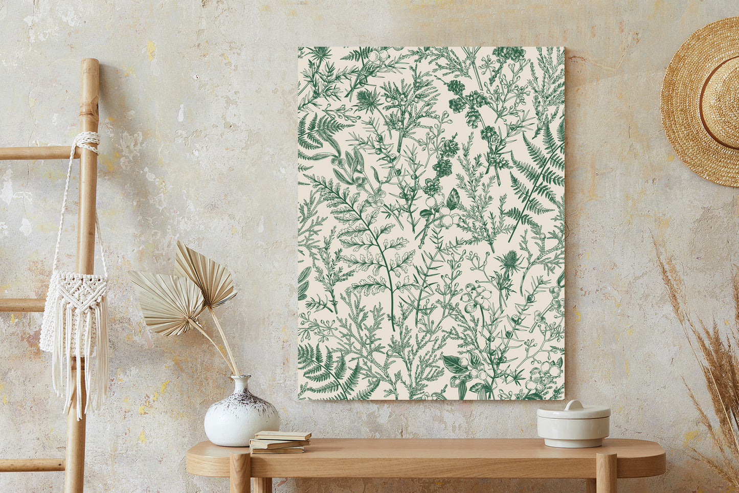 Poster Grüne Pflanzen Auf Beigem Hintergrund, Botanisches Muster