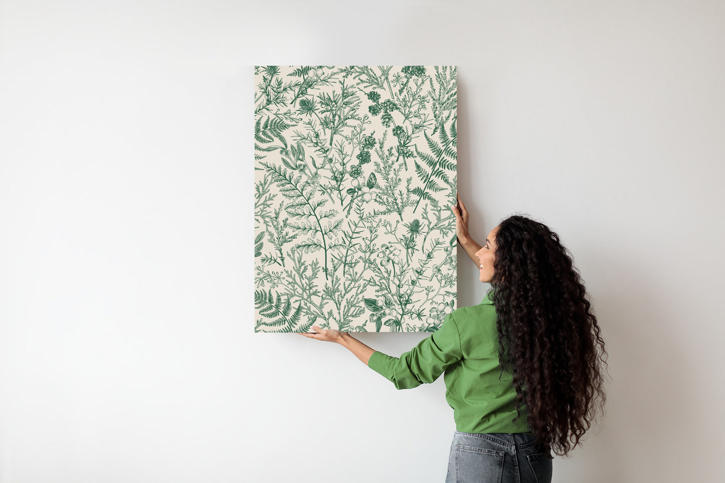 Poster Grüne Pflanzen Auf Beigem Hintergrund, Botanisches Muster
