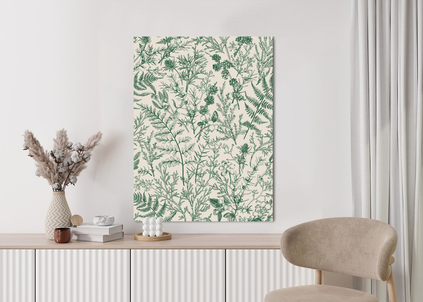 Poster Grüne Pflanzen Auf Beigem Hintergrund, Botanisches Muster