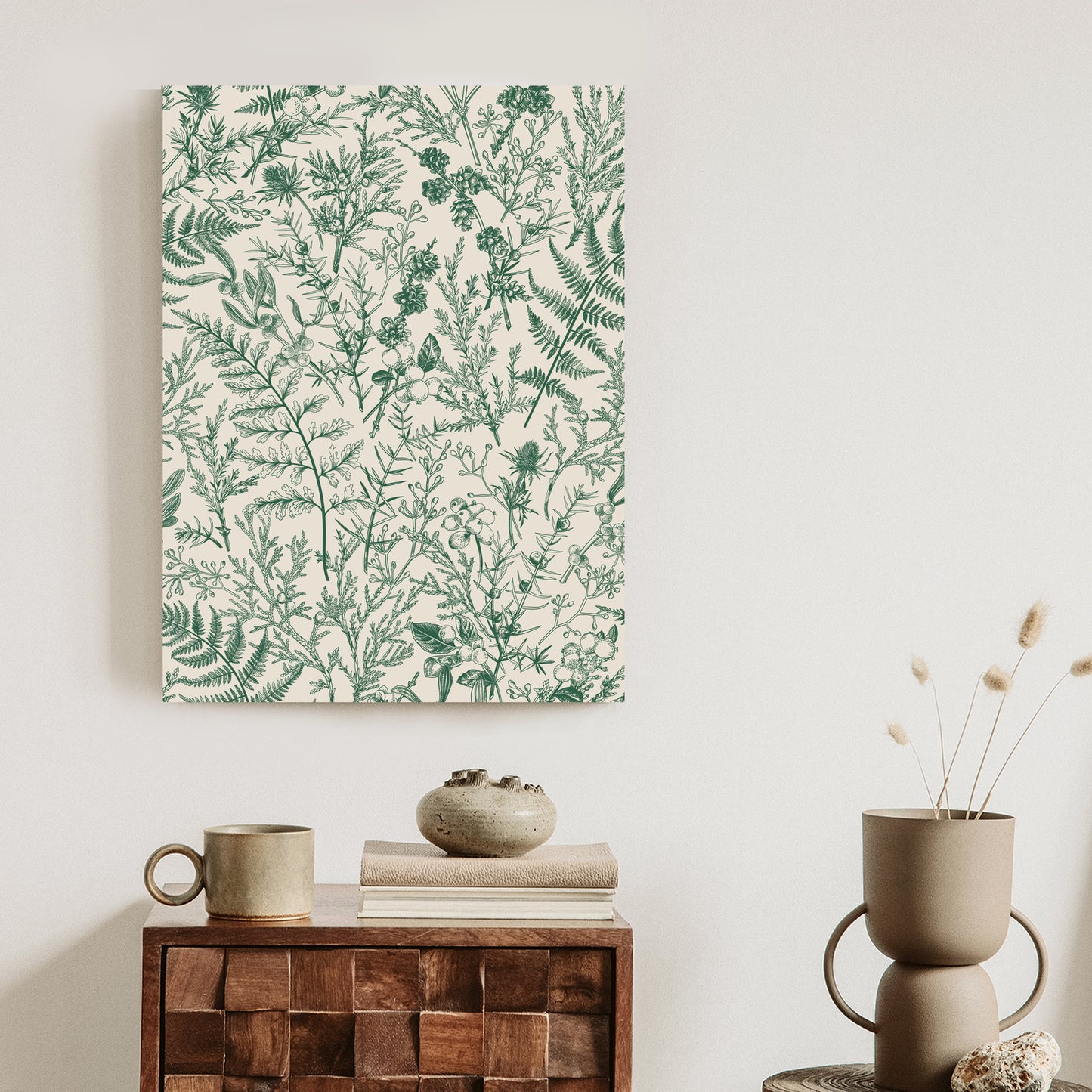 Poster Grüne Pflanzen Auf Beigem Hintergrund, Botanisches Muster