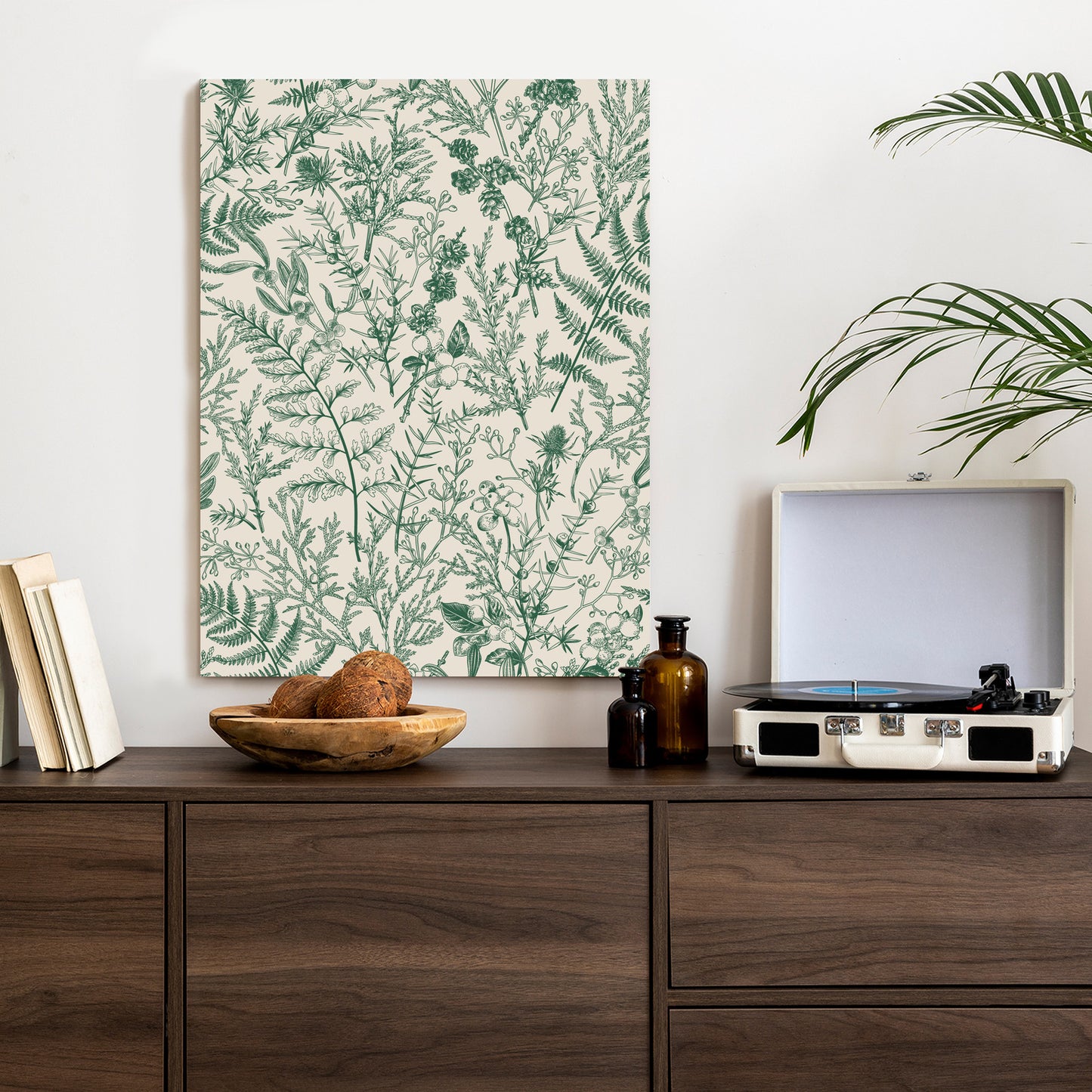 Poster Grüne Pflanzen Auf Beigem Hintergrund, Botanisches Muster