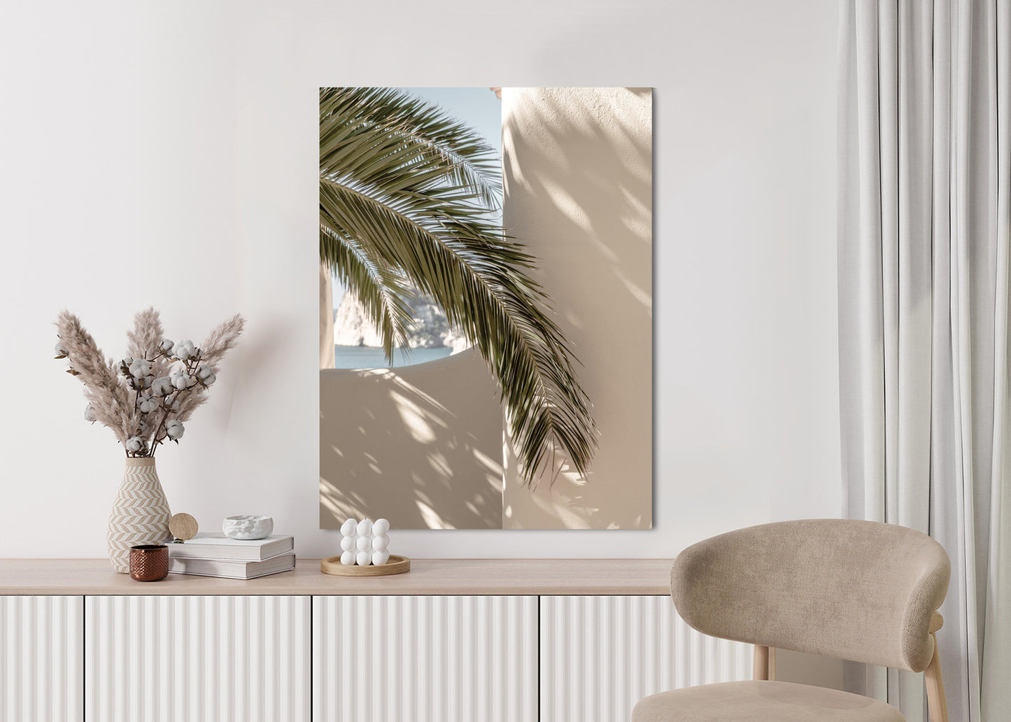 Poster Palmblätter Mit Schatten Auf Einer Beigen Wand Rahmen Holz Mit Passepartout Farbe Natürlich