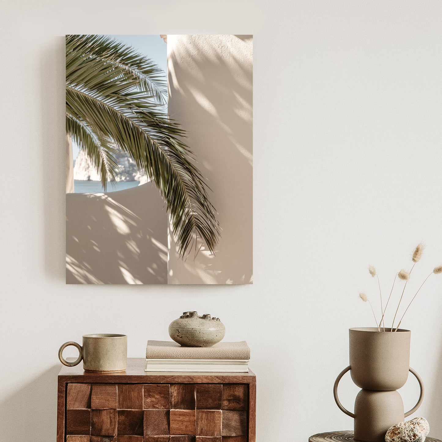 Poster Palmblätter Mit Schatten Auf Einer Beigen Wand Rahmen Holz Mit Passepartout Farbe Natürlich