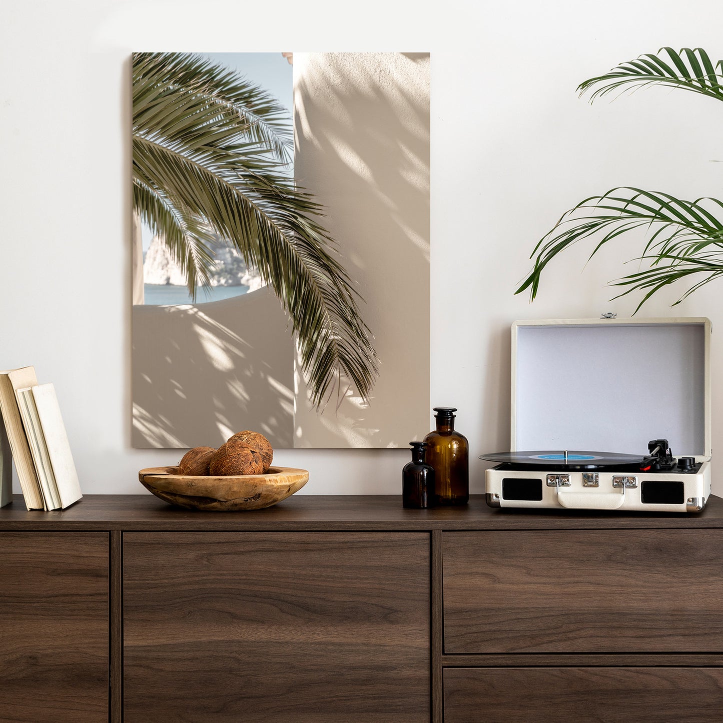 Poster Palmblätter Mit Schatten Auf Einer Beigen Wand Rahmen Holz Mit Passepartout Farbe Natürlich